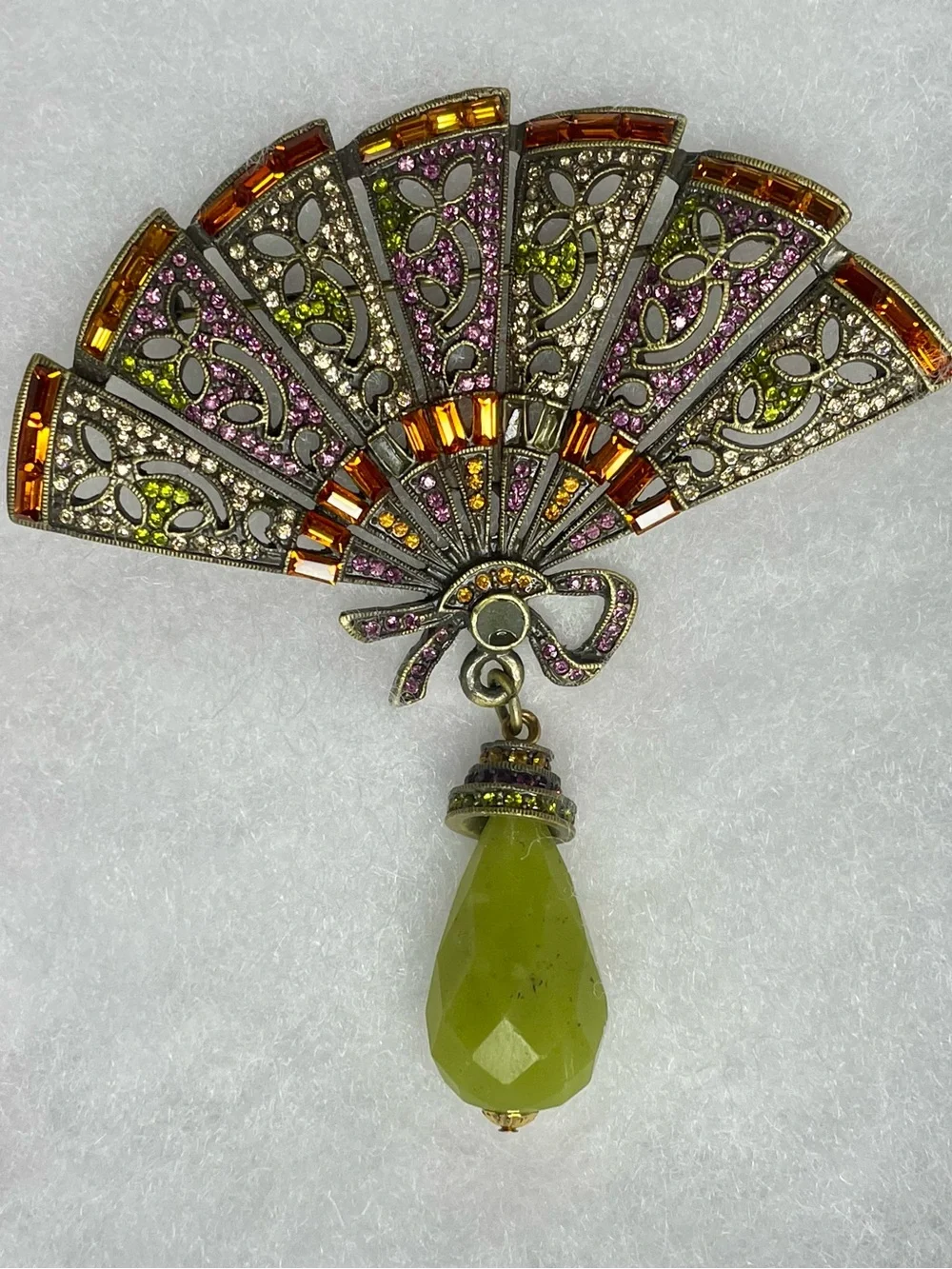 Heidi Daus Vintage Fan Brooch Crystals Pin Green Purple Rust Pave Broach FLAWs